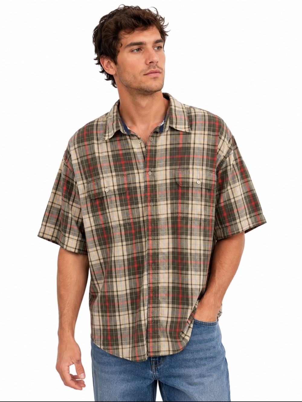 GAP Beige Green Plaid 100% Cotton Short Sleeve Button Down Shirt XXL